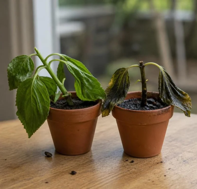 Więdnięcie a gnicie sadzonki hortensji